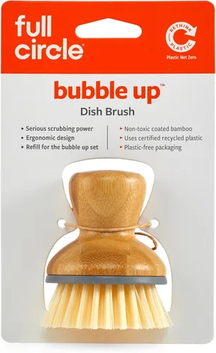 Vista 2 de Full Circle Bubble Up - Cepillo de bambú para platos, limpiador ergonómico de palma con mango para limpieza de cocina, gris, paquete de 1