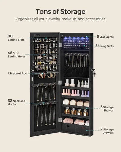 Vista 4 de SONGMICS Gabinete colgante de joyería, gabinete montado en la pared con luces interiores LED, organizador de joyas montado en la puerta, espejo