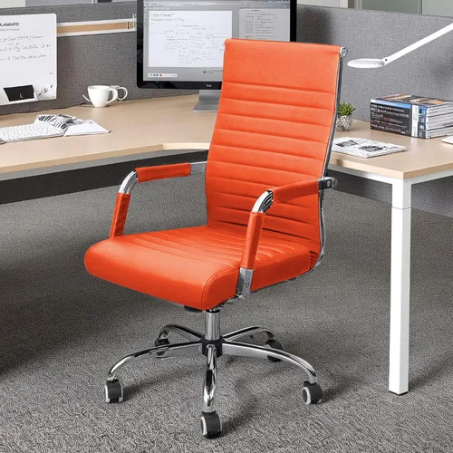 Vista 7 de KaiMeng Escritorio de oficina acanalado con respaldo medio, silla de computadora, altura ajustable, para tareas ejecutivas, giratoria, piel Naranja