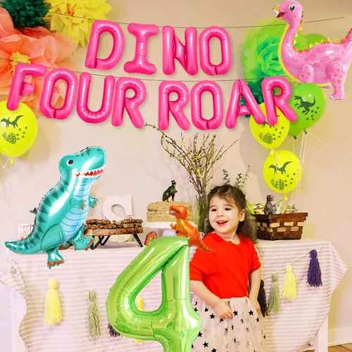 Vista 7 de LaVenty Globos de rugido de dinosaurio Rex para decoración de cumpleaños de 4 años, diseño de dinosaurio para niña