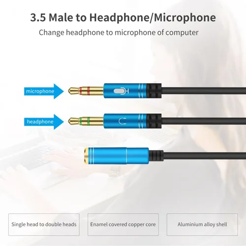 Vista 4 de Divisor de auriculares para computadora de 0.138 in hembra a 2 auriculares dobles de 0.138 in macho micrófono de audio y cable divisor en Y, Negro