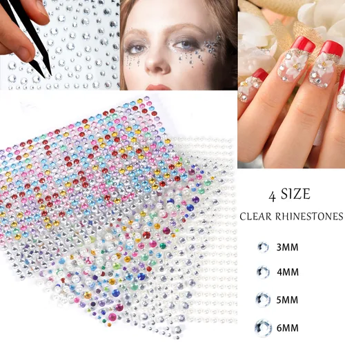 Vista 4 de 6 hojas autoadhesivas de diamantes de imitación y perlas para maquillaje, ojos, cara, calcomanías de diamantes de imitación transparentes