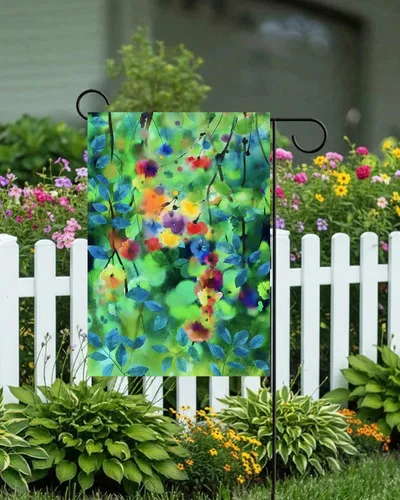 Vista 3 de Bandera abstracta de acuarela de primavera con hojas florales verdes de temporada, flores, naturaleza, jardín, patio, 12 x 18 pulgadas, poliéster