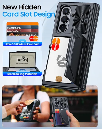 Vista 3 de Funda para Samsung Galaxy Z Fold 7 con tarjetero con bloqueo RFID, cubierta de lente deslizante integrada y protección de bisagra y protector