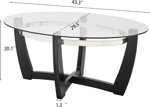 Vista 3 de KFZ1331 - Mesa auxiliar de cristal con base de madera maciza para sala de estar, mesa central ovalada, resistente y moderna, 43.3 pulgadas de largo