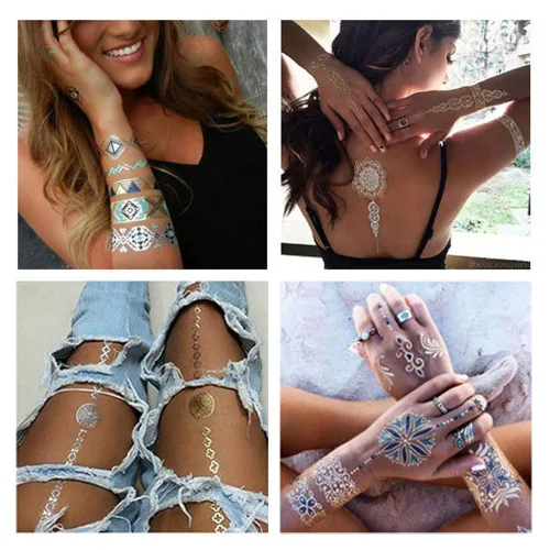 Vista 5 de Tatuajes temporales metálicos de más de 120 años para mujeres, adolescentes, niñas, tatuajes dorados y plateados, con purpurina, impermeables