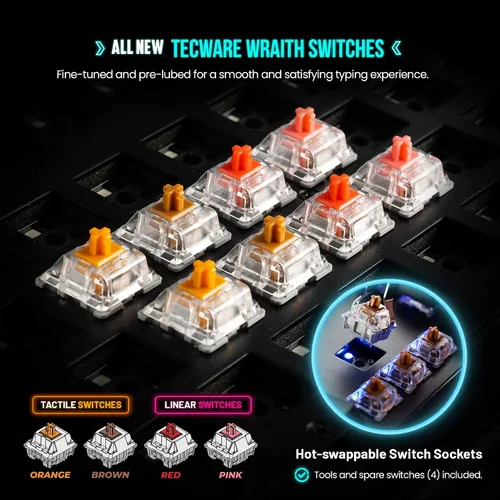Vista 4 de TECWARE Teclado mecánico Phantom+ de 87 teclas, LED RGB, interruptor rosa Wraith