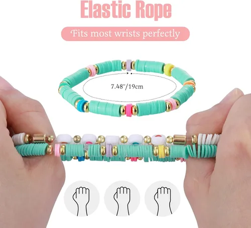 Vista 3 de Colorida pulsera elástica apilable, estilo bohemio, con cuentas, pulsera Heishi Surfer apilable Y2K, joyería de moda, conjunto múltiple de amistad