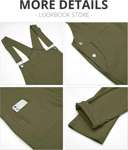 Vista 7 de LookbookStore Overol de pana para mujer, con tirantes ajustables, overol de moda con bolsillo