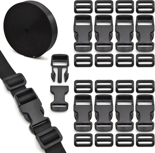 Vista 10 de Juego de correas de hebillas de 1 pulgada con correas de nailon de 10 yardas, 10 hebillas de plástico de liberación lateral rápida, 20 clips Verde