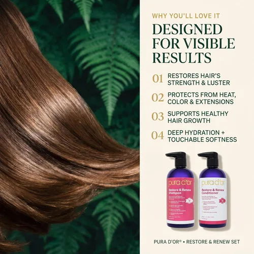 Vista 4 de PURA D'OR Restore & Renew Set de champú y acondicionador para cabello fuerte, saludable y nutrido con aloe vera orgánico, romero, espino amarillo
