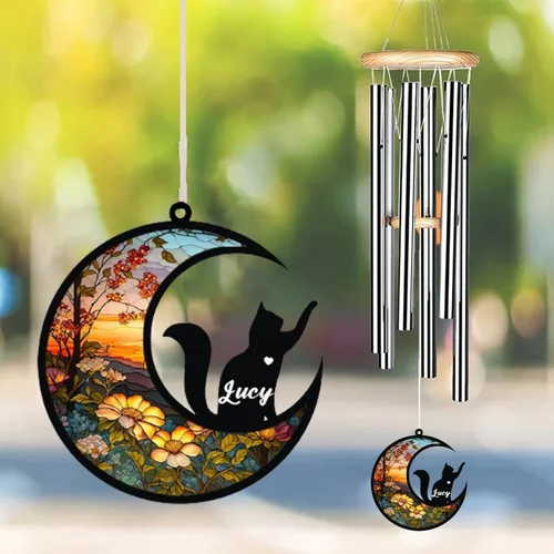 Vista 3 de Campanilla de viento conmemorativa personalizada para gatos, regalo de condolencias por pérdida de mascotas, regalo conmemorativo para gatos