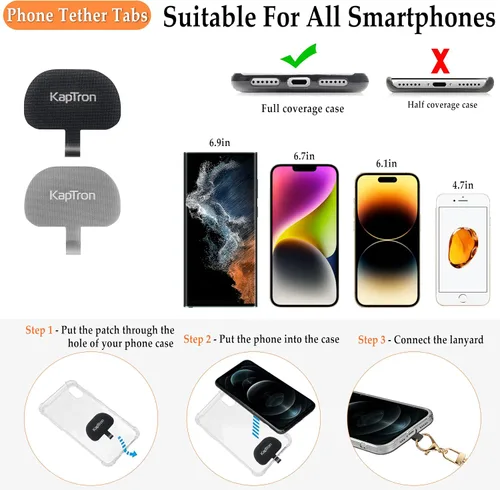Vista 2 de Kaptron 2 cordones para teléfono celular: correa universal ajustable para teléfono y correa de muñeca, con 2 clips de langosta y 2 parches