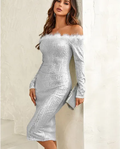 Vista 3 de Vestido ajustado de manga larga con lentejuelas y un solo hombro para mujer, vestido de cóctel brillante para fiesta de noche