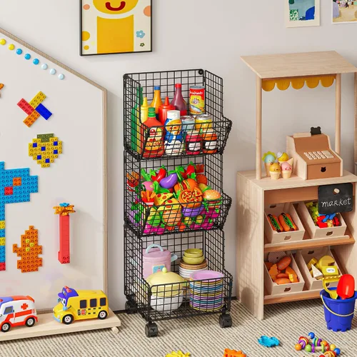 Vista 5 de Sonyabecca Cesta de Almacenamiento de Juguetes para Exteriores, Organizador de Cocina de Juego con 5 Ganchos en S, Carrito de Almacenamiento Rodante