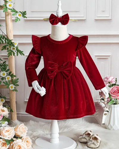 Vista 3 de Kucnuzki Vestido de terciopelo para niña pequeña, vestido de terciopelo sólido para niña, vestido de princesa casual para fiesta de otoño
