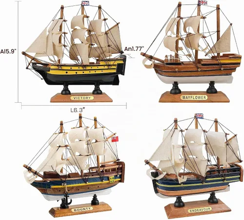 Vista 2 de Conjunto de 4 modelos de barcos clásicos de madera de SAILINGSTORY, Bounty, Endeavour, Mayflower, Victory, 16 cm, decoración de velero