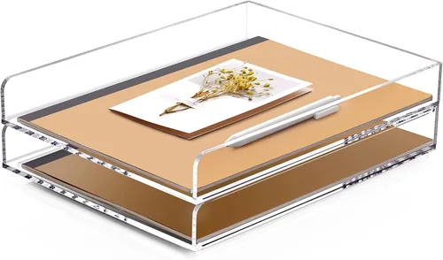 Vista 12 de Paquete de 2 bandejas apilables de papel para cartas, organizador de escritorio de archivos A4 ampliado, organizador de escritorio de acrílico