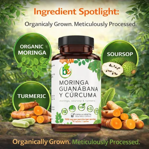 Vista 4 de Moringa, Guanabana y Cúrcuma (Moringa, Guanábana y Cúrcuma) 90 cápsulas 1500 mg por porción, potente mezcla de ingredientes 100% naturales