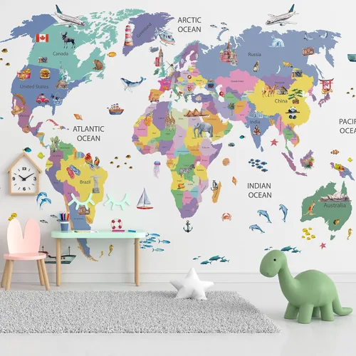 Vista 13 de Papel tapiz para habitación de niños, espacio de astronauta, mural de mapa gigante del mundo con países, papel tapiz para guardería, despegar