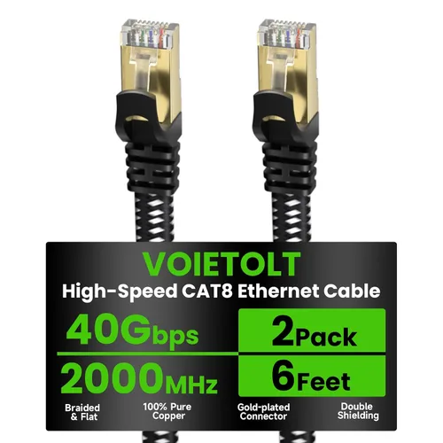 Vista 31 de Cable Ethernet Cat 8 de 2 pies plano, cable de Internet trenzado de alta velocidad de 40 Gbps 2000 MHz con RJ45 chapado en oro, cable LAN de red