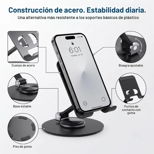 Vista 9 de Uncaged Ergonomics Adjustable/Foldable Swivel Phone Stand for Desk (Black)