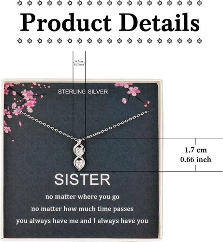 Vista 2 de Regalos para hermanas de hermana, collar de plata de ley con dos infinitos entrelazados con doble corazón, joyería de cumpleaños, collares de regalo
