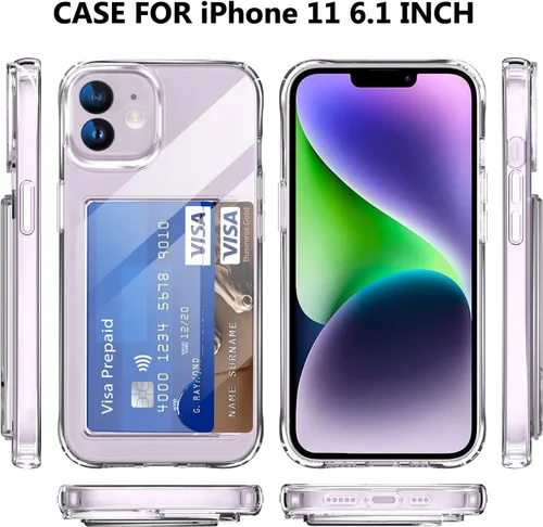 Vista 2 de Funda transparente compatible con iPhone 11 de 6.1 pulgadas con ranura para tarjetero, a prueba de golpes, suave TPU+policarbonato duro, funda