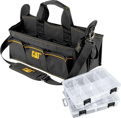 Vista 15 de Cat Bolsa de herramientas de boca ancha de 13 pulgadas con 3 bolsillos exteriores, interior de alta visibilidad, parte inferior reforzada