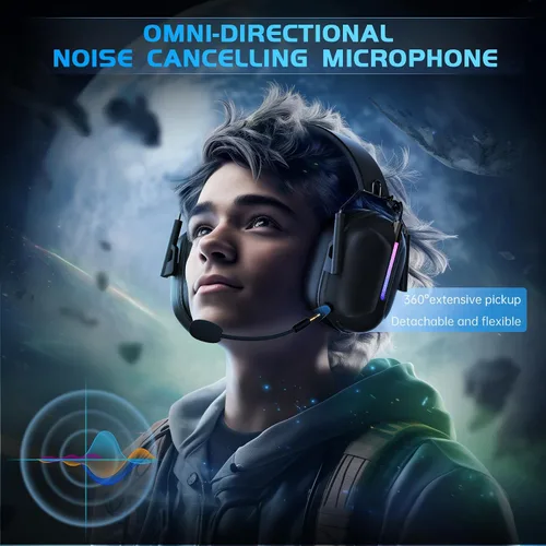 Vista 4 de Auriculares inalámbricos para juegos para PS5, auriculares USB de 2.4 GHz con micrófono para PS4, PC, Nintendo Switch, Mac, computadora, auriculares