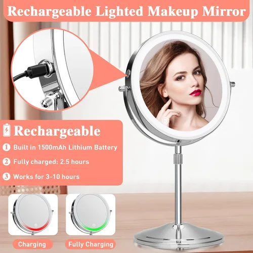 Vista 5 de Espejo de maquillaje iluminado con aumento, 10 x 8 pulgadas, espejo de tocador recargable de doble cara con luces, espejo de maquillaje de aumento
