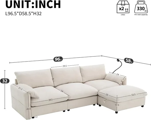 Vista 45 de Moderno sofá modular en forma de U con almohadas para la cintura, sofá cama con diván, sofá tapizado simétrico de felpilla de 6 asientos para sala