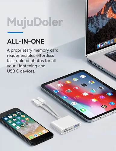 Vista 7 de Lector de tarjetas SD para iPhone iPad Lightning USB-C Adaptador de tarjeta de memoria de doble conector con ranuras dobles y puerto USB Visor
