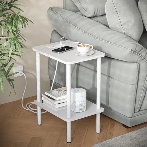 Vista 27 de Apicizon - Mesa auxiliar de 2 niveles, pequeña mesa auxiliar con patas de madera maciza, mesa de noche estilo boho con estante de almacenamiento