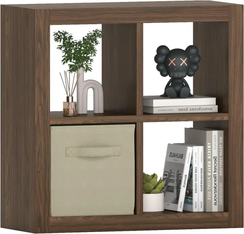 Vista 37 de Estantería con contenedor de almacenamiento, organizador de almacenamiento de 6 cubos, estantería abierta de madera moderna, estante de cubículos