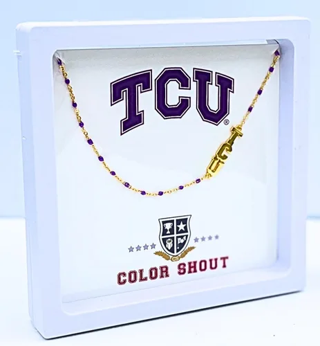 Vista 5 de Color Shout El collar de la Universidad Cristiana de Texas collar de cuentas de esmalte TCU conjunto lateral