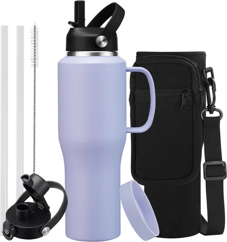 Vista 39 de Botella de agua de acero inoxidable de 32 onzas, frío-48 horas y caliente-24 horas, termo con popote y tapas de boquilla, bolsa, botella aislada al