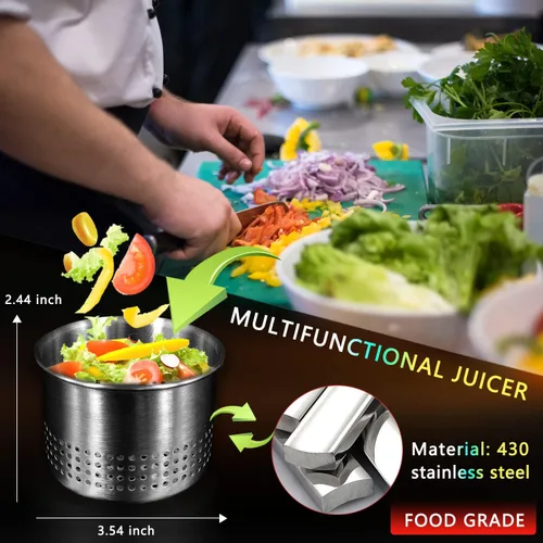 Vista 5 de Exprimidor de verduras de acero inoxidable de 13.5 onzas, mango de silicona roja antideslizante, exprimidor de agua vegetal de metal para exprimir