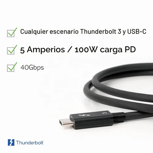 Vista 3 de Plugable Cable Thunderbolt 3 de 40 Gbps soporta carga de 100 W (20 V, 5 A), 2.6 pies / 31.5 in certificado por Thunderbolt, compatible con USB C