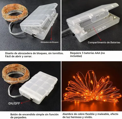 Vista 2 de RUICHEN Guirnalda de 50 luces LED de alambre de cobre de 16 pies, funciona con pilas, para Navidad, Halloween, fiestas, bodas, centros de mesa