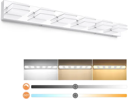 Vista 12 de 3 lámparas de baño regulables de temperatura de color para sobre espejo, lámparas de tocador LED cromadas de 3 luces, lámparas de tocador de baño