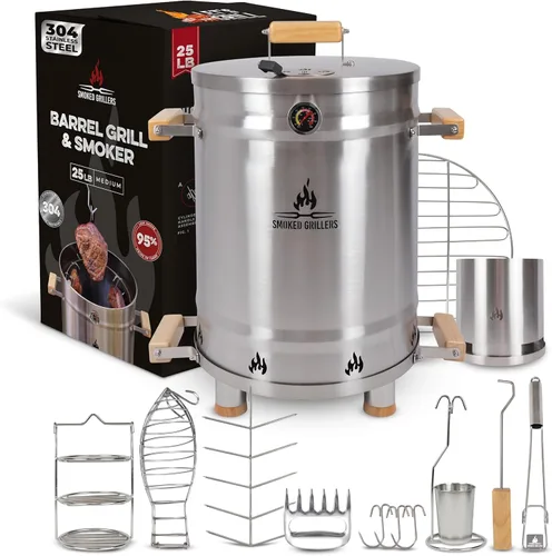Vista 9 de Combo de parrilla para ahumar barril, barril 100% de acero inoxidable, 95% menos de humo, calor uniforme, fácil de usar y limpiar, ahumador vertical