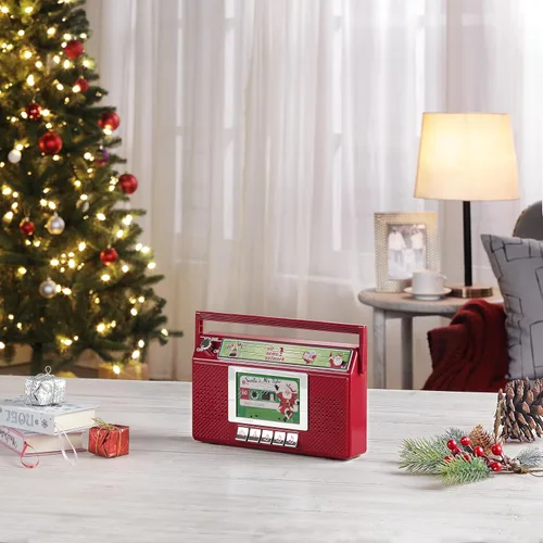 Vista 2 de Mr. Christmas Santa's Boom Box Radio – Boombox de Navidad retro de 10 pulgadas con luces LED, 9 canciones navideñas, 3 estaciones de radio de Santa