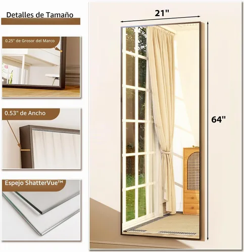 Vista 5 de GLSLAND Espejo de cuerpo completo de 64 x 21 pulgadas, espejo rectangular independiente, para colgar o inclinar, de aleación de aluminio, para Negro