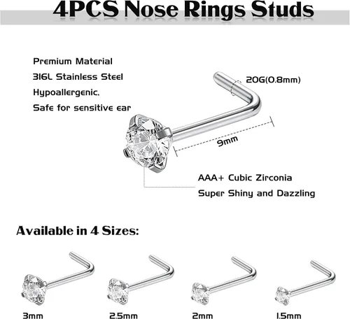 Vista 2 de Jstyle arete para la nariz de acero inoxidable, 4 piezas de 20 g. Piercing con pasador en forma de L de 1.5 mm, 2 mm, 2.5 mm y 3 mm.