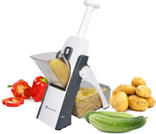 Vista 3 de Cortador de verduras con mandolina, cortador de verduras ajustable, seguro, multiusos, rebanador de verduras para cocina (azul), 12.7 x 5.3 x 5