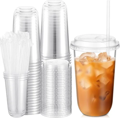 Vista 7 de Ziliny 50 juegos de vasos de plástico transparente con tapas y pajitas, vasos desechables para café helado a granel PET para vino, cóctel, batido