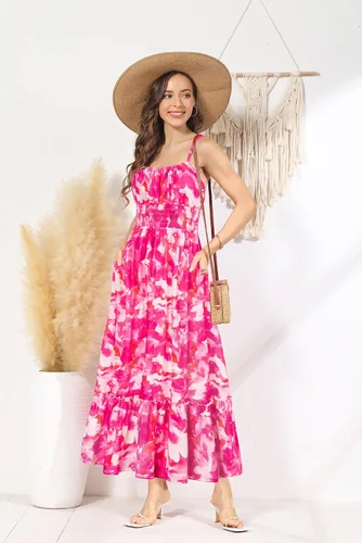 Vista 2 de GRACE KARIN Vestido largo de verano para mujer, sin mangas, floral, tirantes delgados, fruncido, bohemio, para playa, con bolsillos