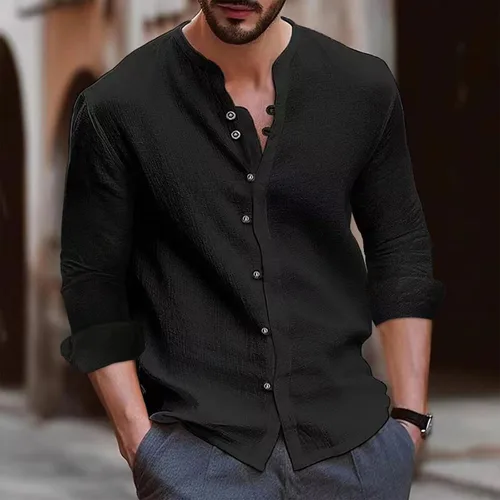 Vista 2 de Camisas de manga larga para hombre, casual, de algodón, lino, con botones, a la moda, lisas, para fiesta, otoño