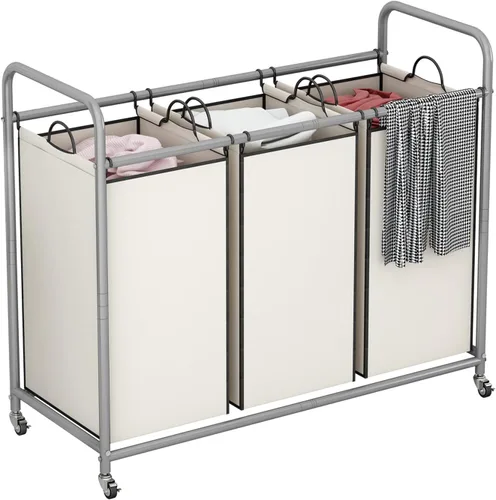 Vista 10 de LINZINAR Clasificador de ropa sucia de 3 bolsas, carrito de lavandería con ruedas enrollables resistentes y bolsas extraíbles (gris) Laundry Room